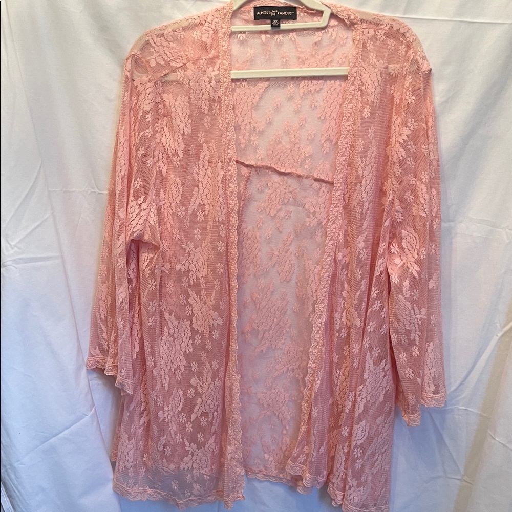 Almost Famous Blush Pink Floral Lace Kimono Duster